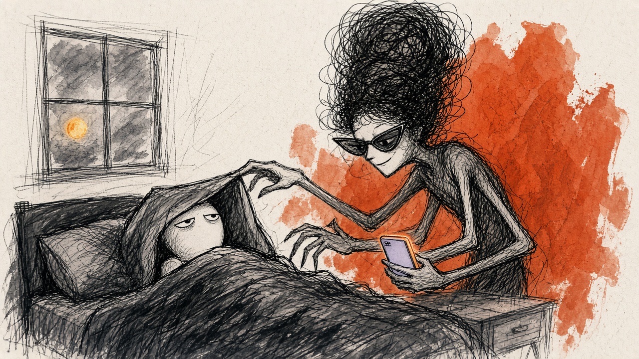 La sobrina en la cama, a oscuras. La Tía, inclinada sobre ella, revisa el celular a la 1:47 de la madrugada.
