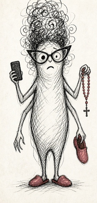 Tía Ansiedad: lentes chuecos, cuatro brazos, celular, rosario, chancla y cafecito